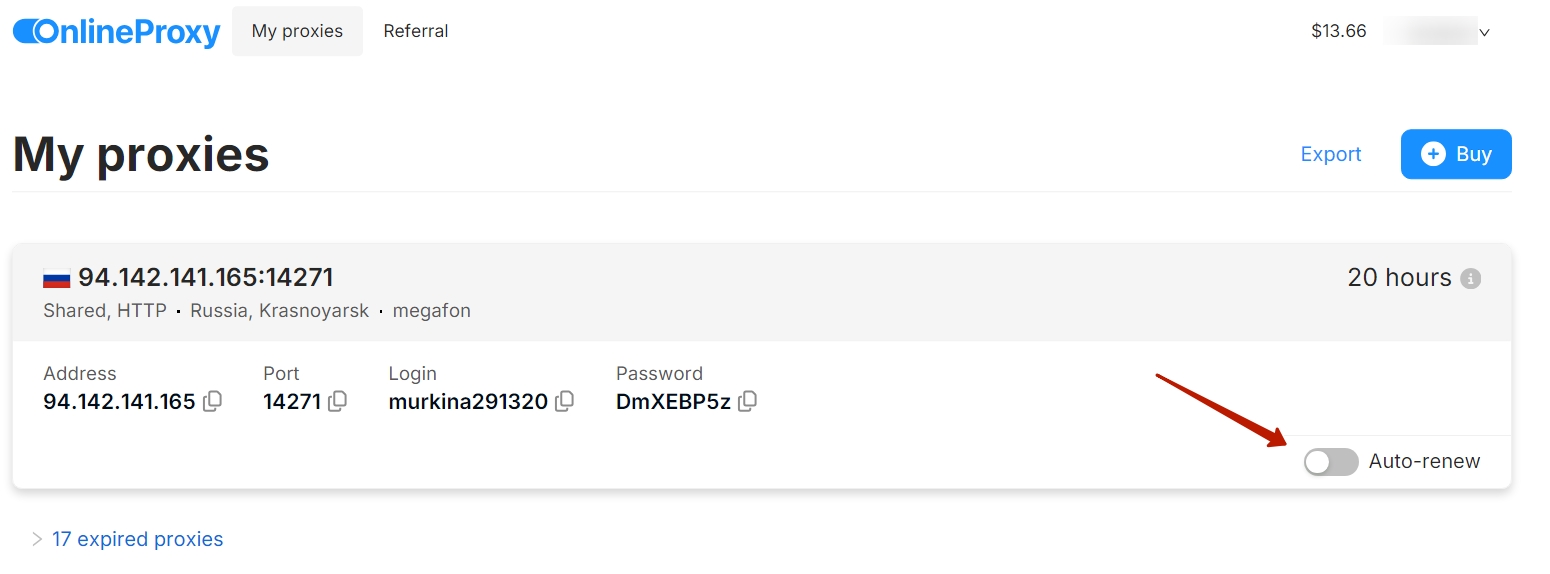 OnlineProxy.io: lista mobilnych proxy w koncie osobistym