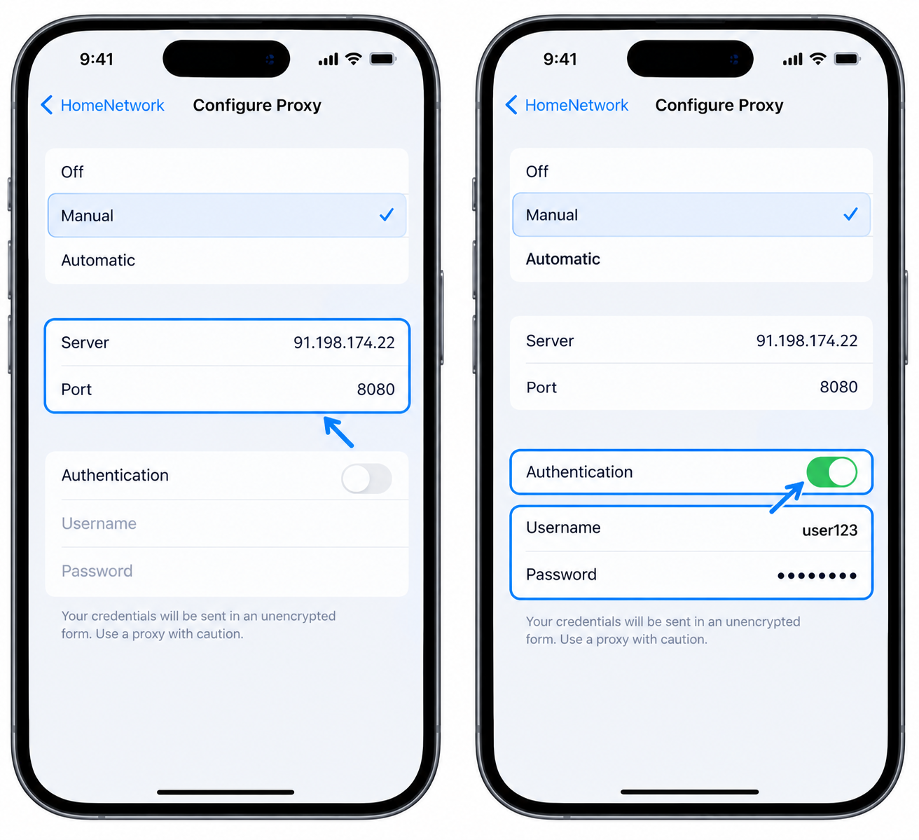 iOS Manual proxy screen with Server, Port, and Authentication